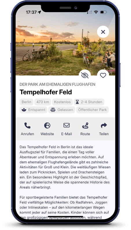 Echte App-Ansicht: Lite-Profil (0 €) — Basis-Darstellung ohne Betreiber-Logo, ohne Preischips und ohne schwebenden Ticket-Button.