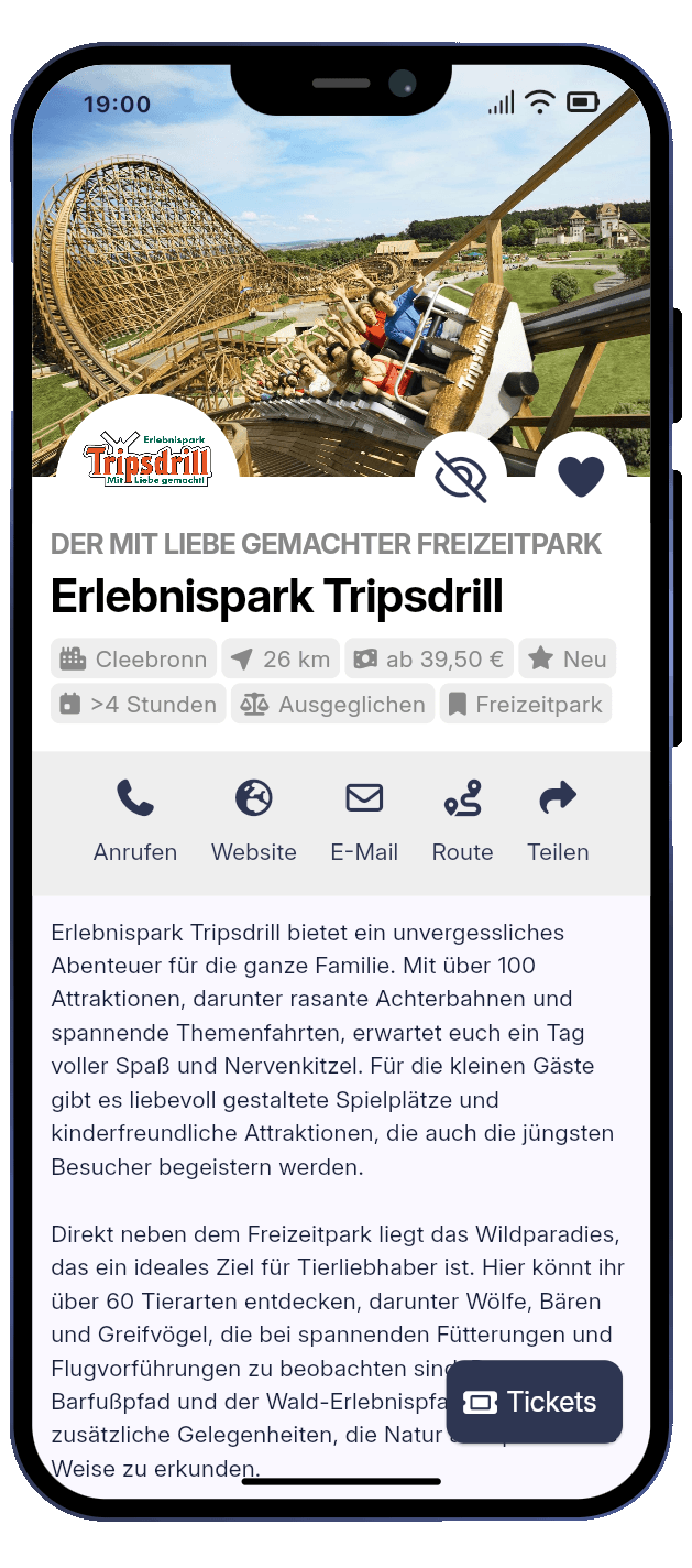 Echte App-Ansicht: Plus-Profil (30 € / Mo.) — Mit Betreiber-Logo-Kuppel, Preis- & Alters-Tags, bis zu 8 Bildern und direktem „Tickets“-Button.